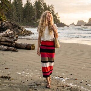 Colorblock Striped Maxi Skirt in Red, Pink, Black & White